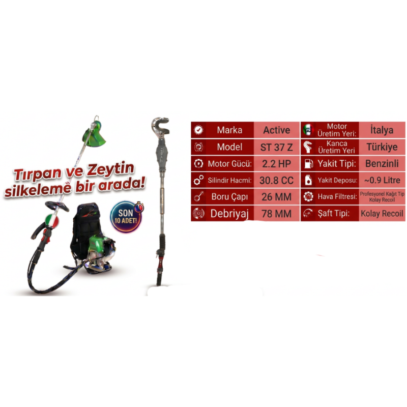 Active ST 37 Z 2.2bg 30.8cc 26mm 15kg Sırt Tipi Kancalı Dal Sarsıcı Benzinli Zeytin Hasat Makinesi Active ST 37 Z 2.2bg 30.8cc 26mm 15kg Sırt Tipi Kancalı Dal Sarsıcı Benzinli Zeytin Hasat Makinesi