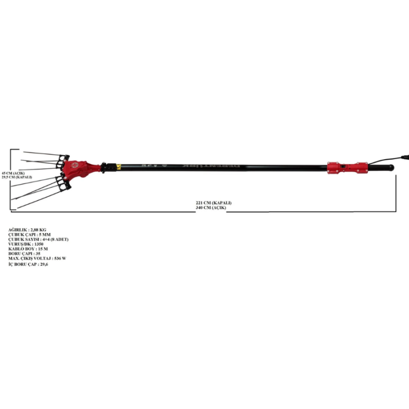 Derentürk Troya Plus 33V 540W 3.75m 2.9kg Teleskopik Taraklı Çırpıcı Akülü Zeytin Hasat Makinesi