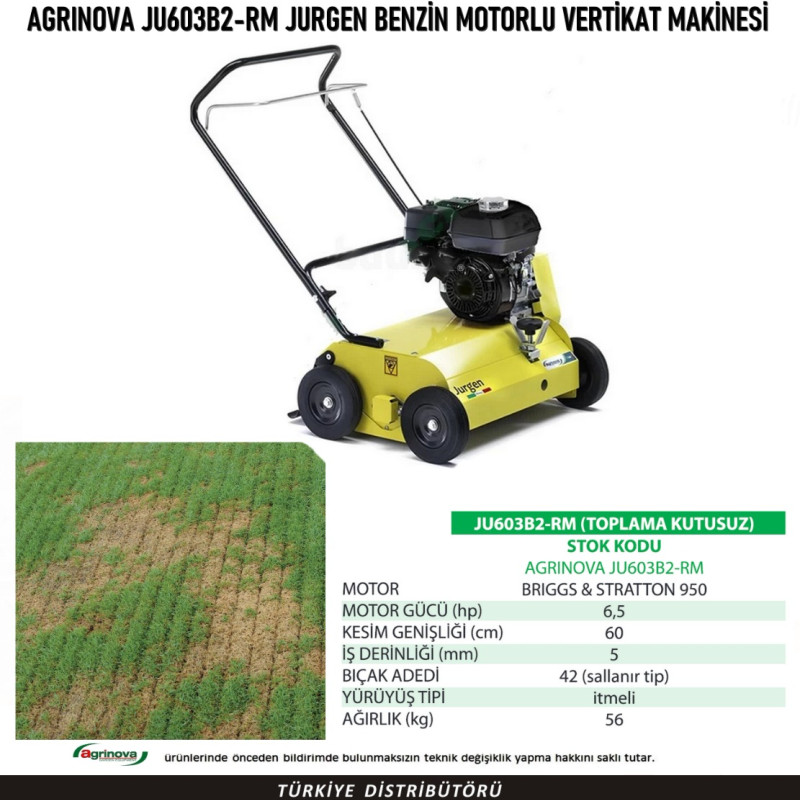 Agrinova JU603B2 RM 196cc 4.9kW 6.5bg 60cm 56kg Sepetsiz Çelik Benzinli Çim Havalandırma Makinesi