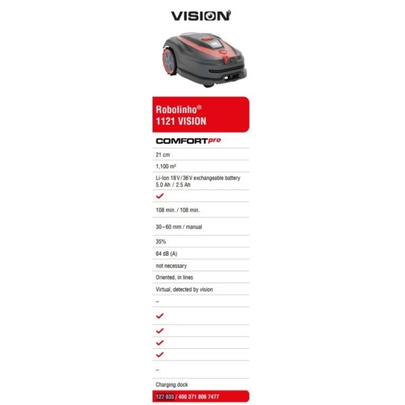 ALKO Robolinho 1121 Vision Comfort Pro Wi Fi 18V/36V 2.5Ah/5.0Ah li ion 21cm 108/180dk 1100m Akülü Çim Biçme Robotu