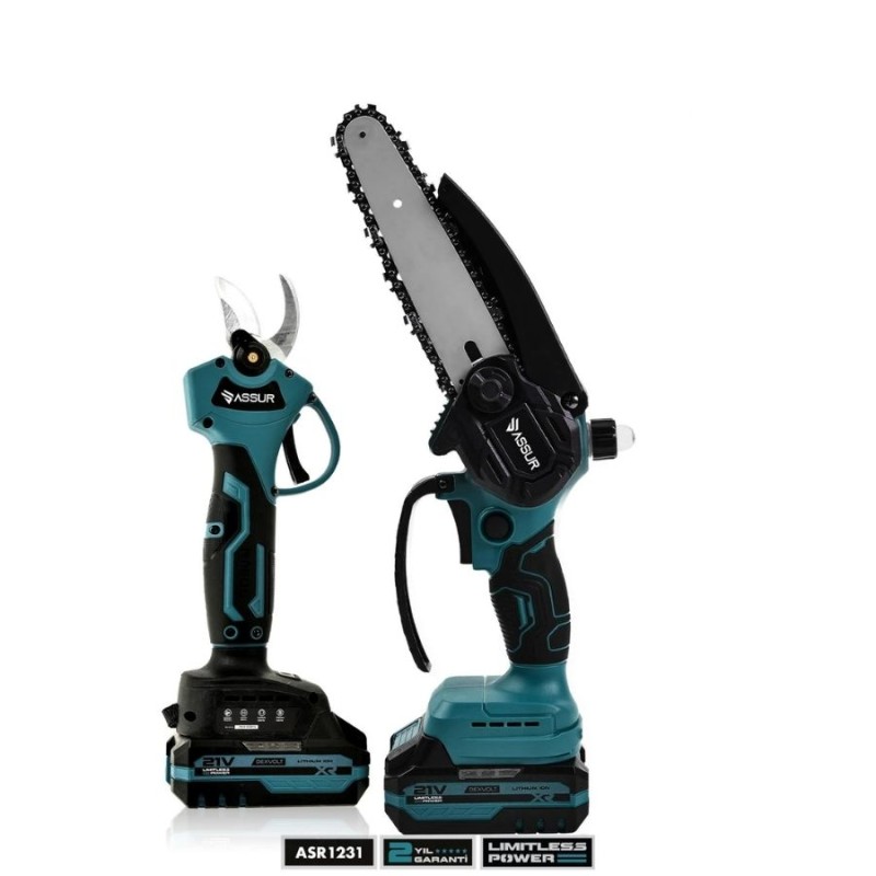 Assur 32mm 21V 2Ahx2Ad Kablosuz 10cm 14diş Akülü Mini Testere ve Budama Makası Seti