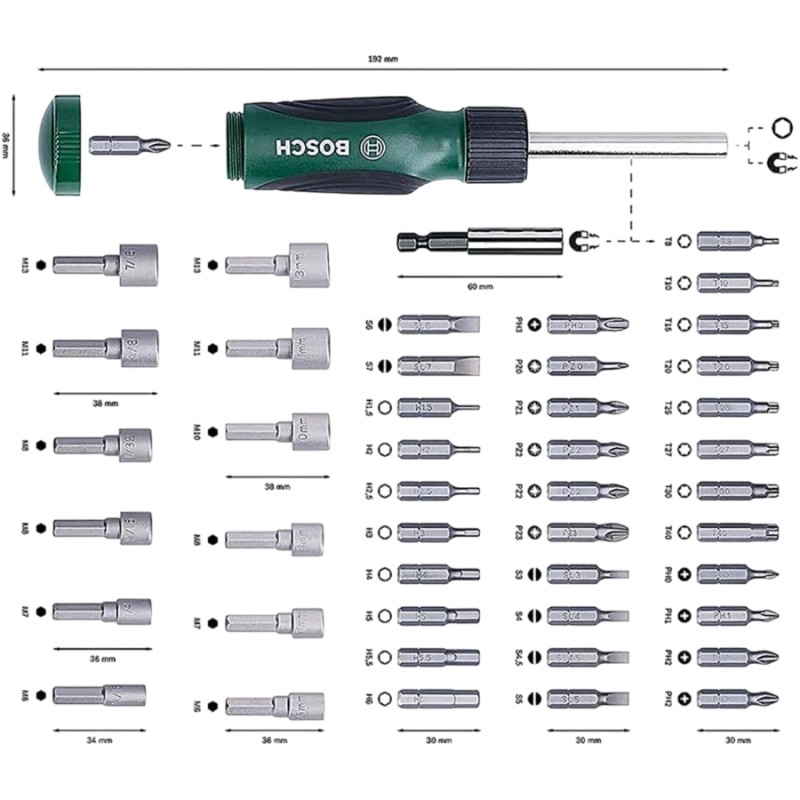 Bosch 46 parça Cırcır Tornavidalı Vidalama + Lokma Uçlu Çantalı Aksesuar Seti Bosch 46 parça Cırcır Tornavidalı Vidalama + Lokma Uçlu Çantalı Aksesuar Seti
