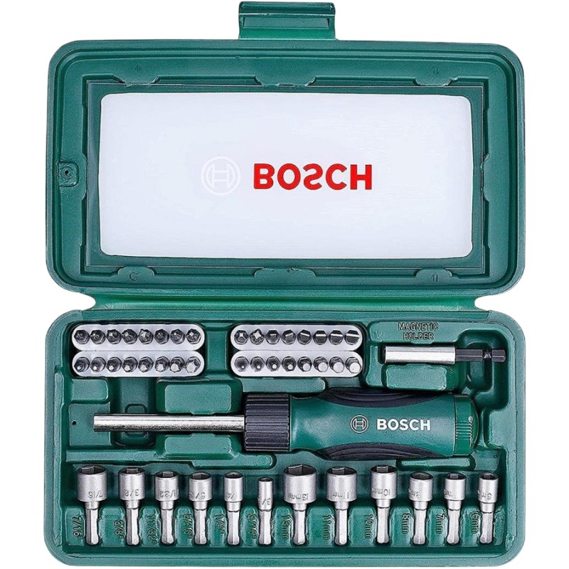 Bosch 46 parça Cırcır Tornavidalı Vidalama + Lokma Uçlu Çantalı Aksesuar Seti Bosch 46 parça Cırcır Tornavidalı Vidalama + Lokma Uçlu Çantalı Aksesuar Seti