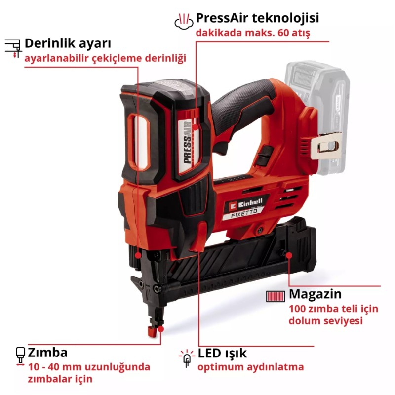 Einhell FIXETTO 18/40 S 18V 5.7x40x10mm 2.82kg Solo Akü Hariç Akülü Zımba Einhell FIXETTO 18/40 S 18V 5.7x40x10mm 2.82kg Solo Akü Hariç Akülü Zımba