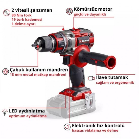 Einhell TP CD 18/80 Li i BL Solo Metal Mandren 80Nw 2vites 22tork 1.44kg Akü Hariç Akülü Darbeli Matkap