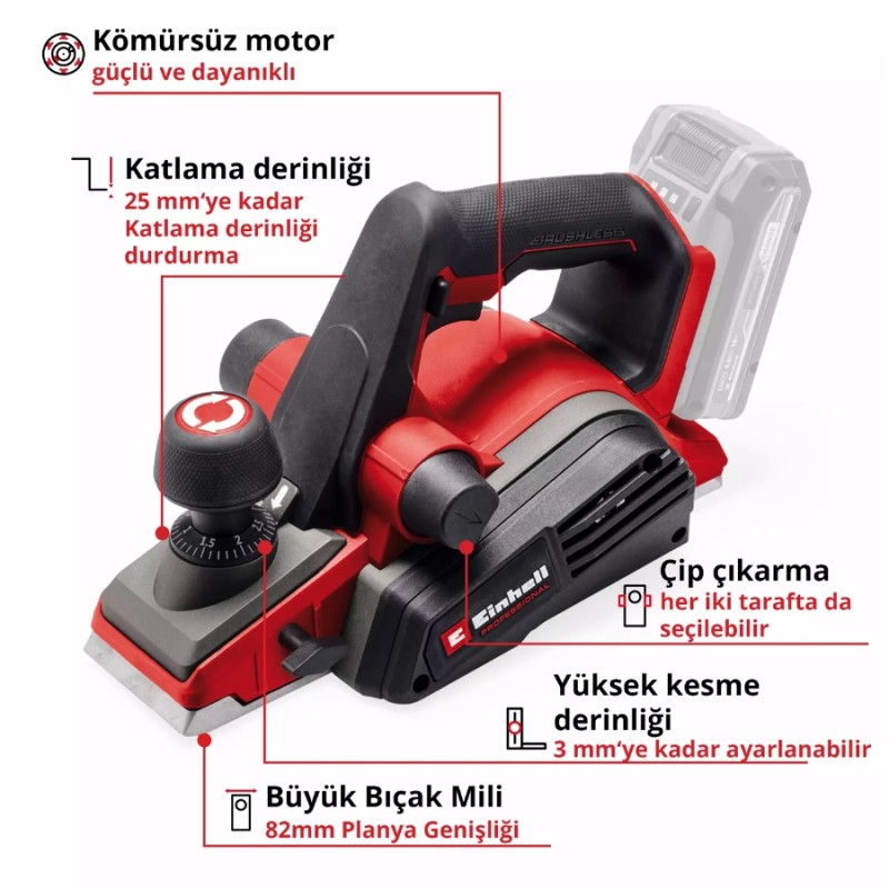 Einhell TP PL 18/3 Li BL 18V 3mm derinlik 82mm genişlik 2.63kg Solo Akü Hariç Akülü Planya Makinesi