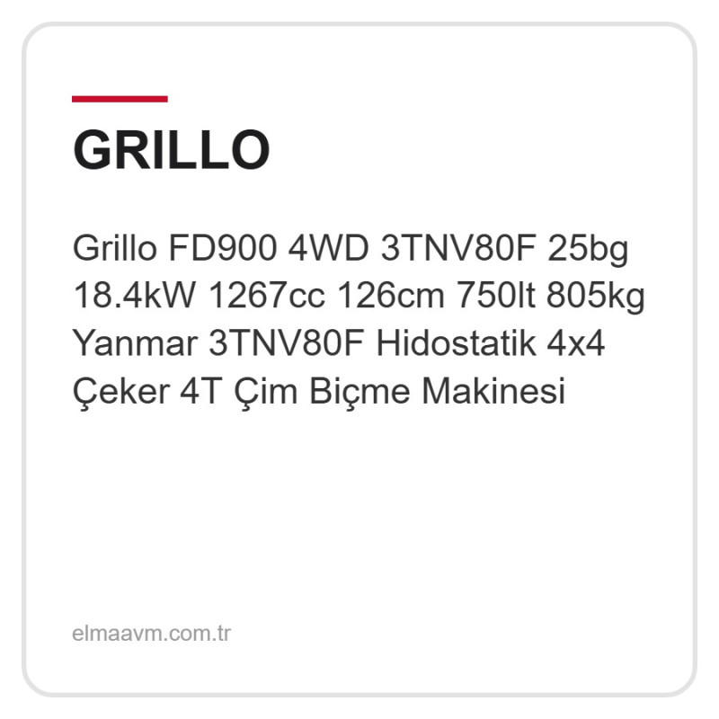 Grillo FD900 4WD 3TNV80F 25bg 18.4kW 1267cc 126cm 750lt 805kg Yanmar 3TNV80F Hidostatik 4x4 Çeker 4T Çim Biçme Makinesi