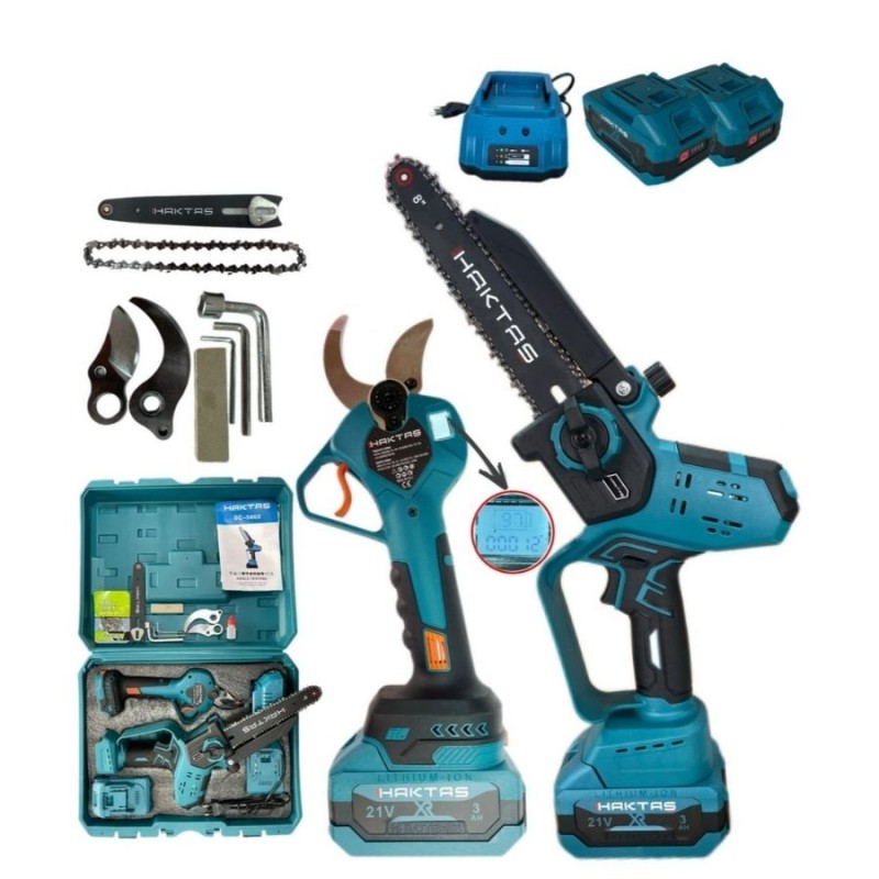 Haktaş HKT982 8601 ile 5803 40mm 21V Kablosuz 15cm 18.5 diş Akülü Mini Testere ve Budama Makası Seti