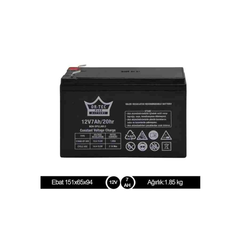 Or Tec 12V 7Ah 20hr 151x65x94mm 1.86kg Siyah VRLA AGM Kapalı Kuru Akü