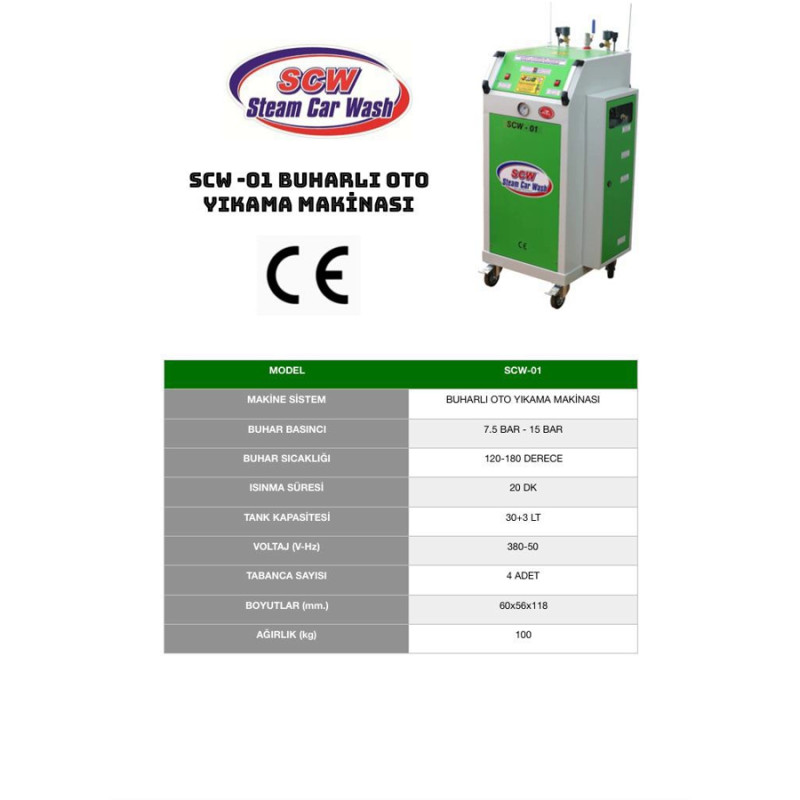 SCW 01 8bar 33lt 2iç 2dış temizlik 24VTabanca 8mm Kazan 220V Elektrikli Buharlı Oto Yıkama Makinesi
