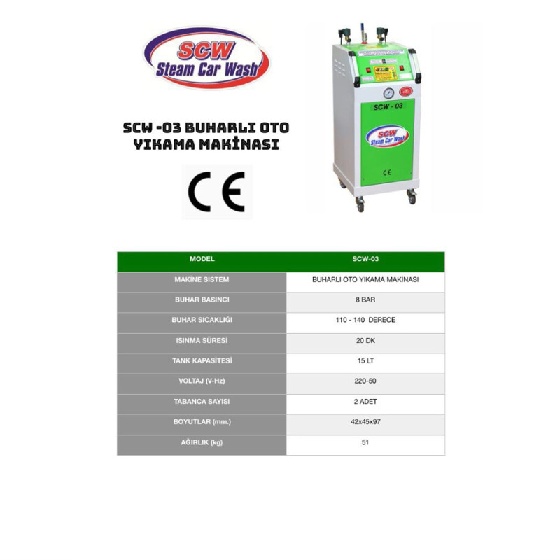 SCW 03 8bar 15lt 2iç temizlik 24VTabanca 8mm Kazan 220V Elektrikli Buharlı Oto Yıkama Makinesi