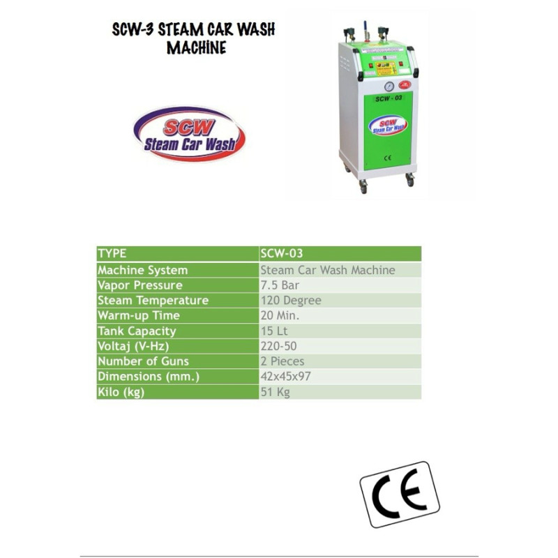 SCW 03 8bar 15lt 2iç temizlik 24VTabanca 8mm Kazan 220V Elektrikli Buharlı Oto Yıkama Makinesi