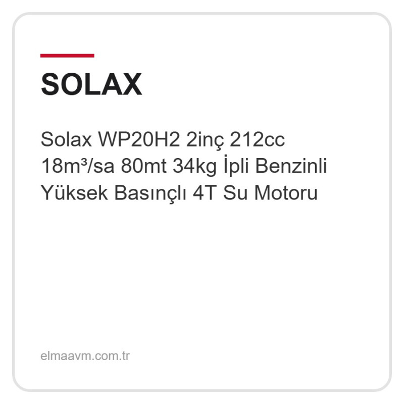 Solax WP20H2 2inç 212cc 18m³/sa 80mt 34kg İpli Benzinli Yüksek Basınçlı 4T Su Motoru Solax WP20H2 2inç 212cc 18m³/sa 80mt 34kg İpli Benzinli Yüksek Basınçlı 4T Su Motoru