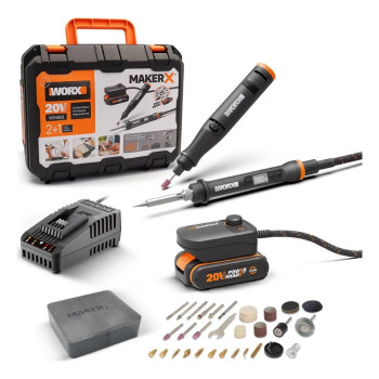 WORX WX988 MAKERX 20Volt 2.0Ah. Kömürsüz Profesyonel Kalem Tipi Devir Ayarlı Gravür Seti + Kalem Tipi Dijital Lehim ve Ahşap Yakma Seti + 46 Parça Aksesuar