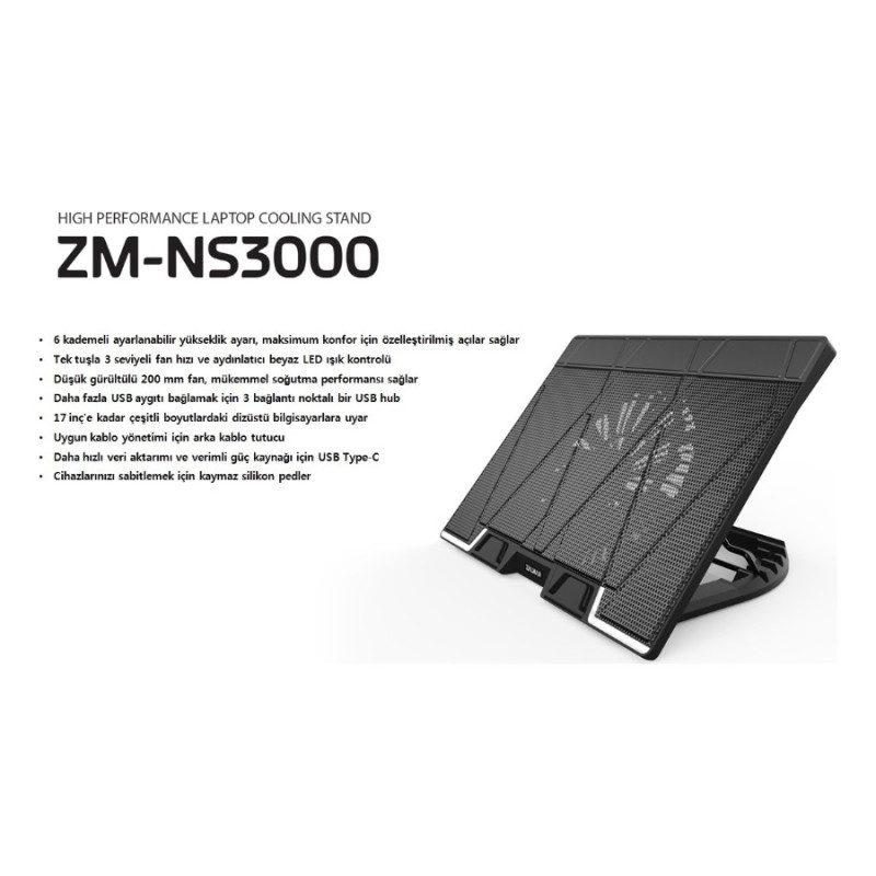 Zalman NS3000 17 200mm Fan 6 Kademe Yükseklik TYPE C Notebook Stand ve Soğutucusu