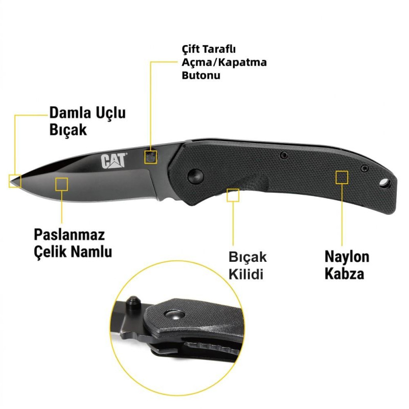 CAT DA980008 Kemer Askı Kancalı Katlanabilir 16CM Paslanmaz Çelik Siyah Kamp Çakısı Bıçağı