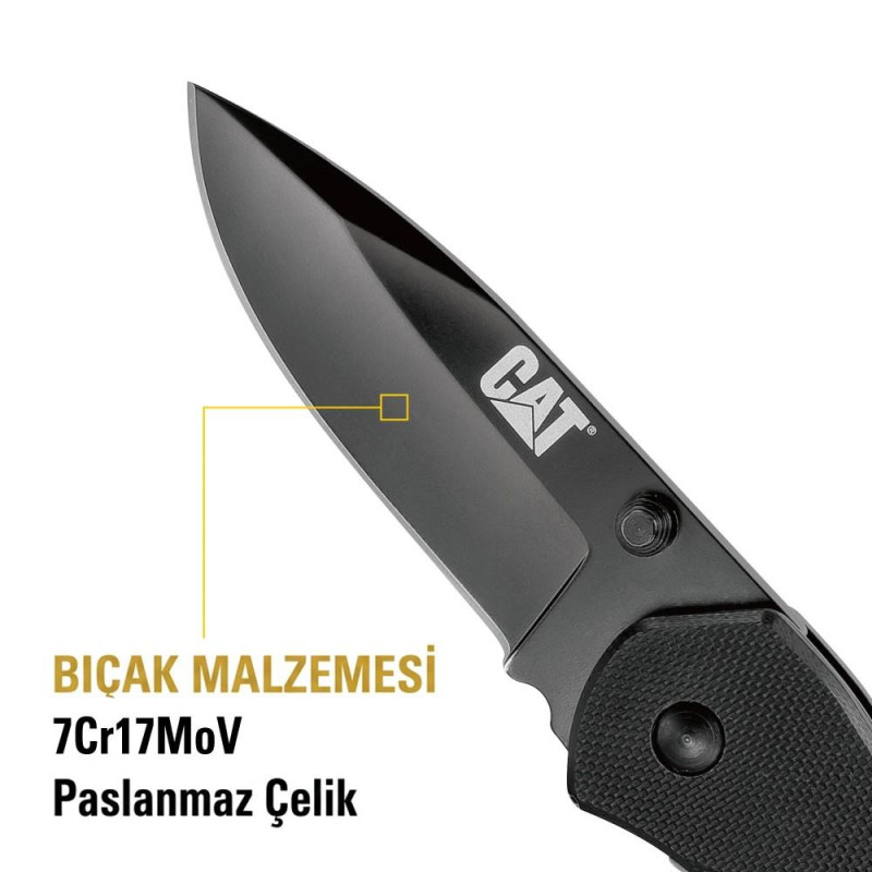 CAT DA980008 Kemer Askı Kancalı Katlanabilir 16CM Paslanmaz Çelik Siyah Kamp Çakısı Bıçağı