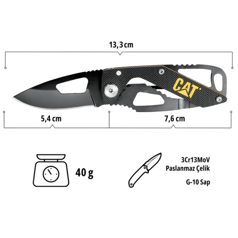 CAT DA980265 Kemer Askı Kancalı Katlanabilir 13CM Paslanmaz Çelik Siyah Kamp Çakısı