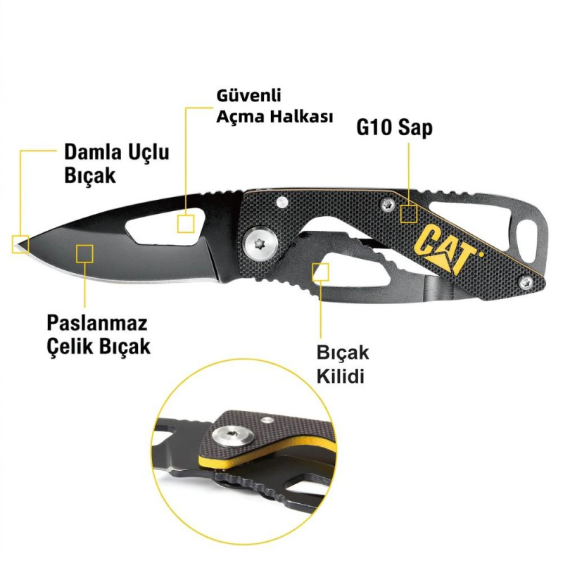CAT DA980265 Kemer Askı Kancalı Katlanabilir 13CM Paslanmaz Çelik Siyah Kamp Çakısı