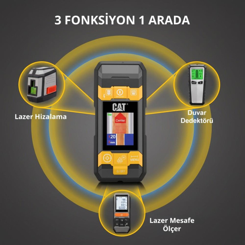 CAT DA980621 3.7Volt Li-Po 3’ü 1 Arada 40M Lazer Metre +Hizalama +Metal/Ahşap/Voltaj Dedektörü