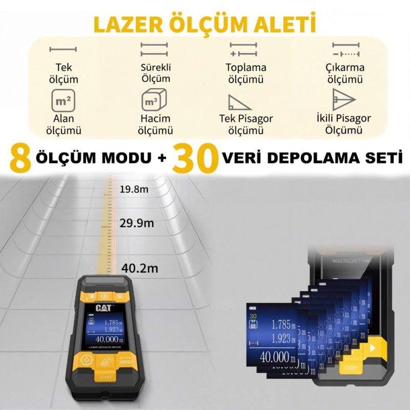 CAT DA980621 3.7Volt Li-Po 3’ü 1 Arada 40M Lazer Metre +Hizalama +Metal/Ahşap/Voltaj Dedektörü