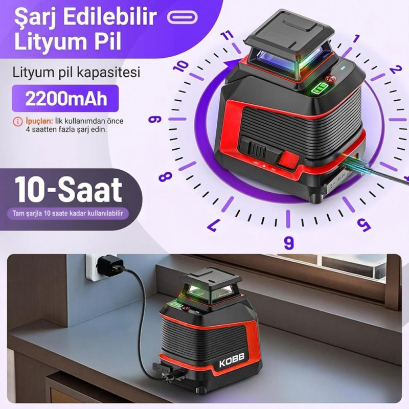 KOBB KBL30P 3.7V Li-ion Yatay 360° ve Dikey Otomatik Hizalamalı Mor Işık Profesyonel Lazer+Tripod KOBB KBL30P 3.7V Li-ion Yatay 360° ve Dikey Otomatik Hizalamalı Mor Işık Profesyonel Lazer+Tripod