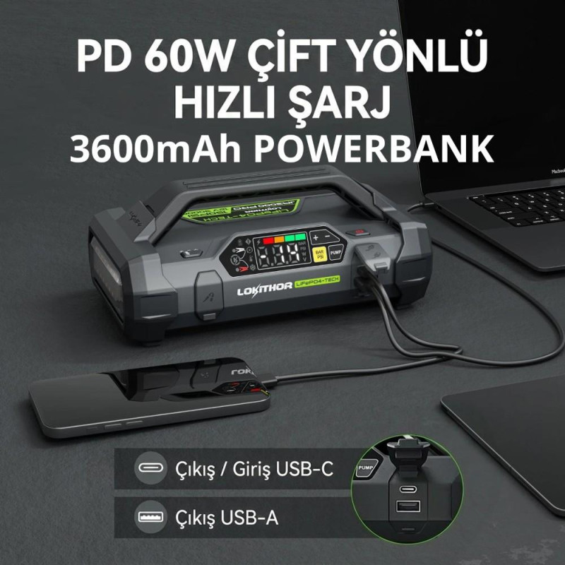 Lokithor JA3000PRO 12V 3000Amp LiFePO4 Akıllı Akü Takviye + Pompa + Powerbank + Led Lamba Lokithor JA3000PRO 12V 3000Amp LiFePO4 Akıllı Akü Takviye + Pompa + Powerbank + Led Lamba