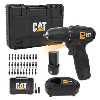 CAT DX1160 12Volt/2.0Ah Li ion Çift Akülü Kömürsüz Profesyonel Şarjlı Darbeli Matkap + DA01901 32 Parça Aksesuar Seti