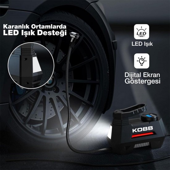 KOBB KB180 12Volt 150 PSI Ayarlanabilir Dijital Basınç Göstergeli Lastik Şişirme Pompası