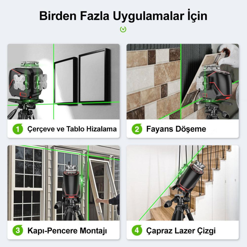 KOBB KBL36G Profesyonel Li ion Şarjlı 4X360⁰ LCD Ekran Otomatik Hizalamalı Yeşil Çapraz Çizgi Lazer Distomat