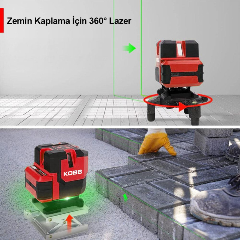 KOBB KBL41G 30Metre 4x90⁰/1x360⁰ Otomatik Hizalamalı Li ion Çift Akülü Profesyonel Yeşil Çapraz Çizgi Lazer Distomat