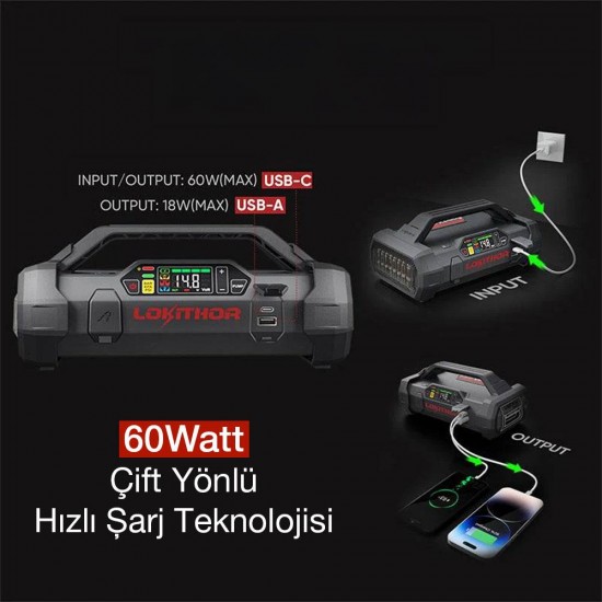 Lokithor APARTX 12V Akıllı Akü Takviye + Pompa + Powerbank + Led Lamba (Akü Dahil Değildir)