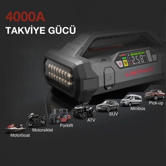 Lokithor APARTX4000 12V 4000Amp Li-Polimer Akıllı Akü Takviye + Pompa + Powerbank + Led Lamba