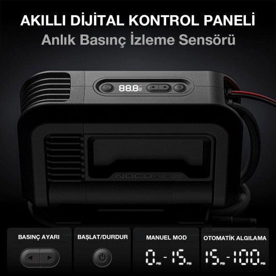 NOCO AIR20 12Volt Akü Bağlantı Maşalı 100 PSI Ayarlanabilir Dijital Basınç Göstergeli Profesyonel Lastik Şişirme Pompası NOCO AIR20 12Volt Akü Bağlantı Maşalı 100 PSI Ayarlanabilir Dijital Basınç Göstergeli Profesyonel Lastik Şişirme Pompası