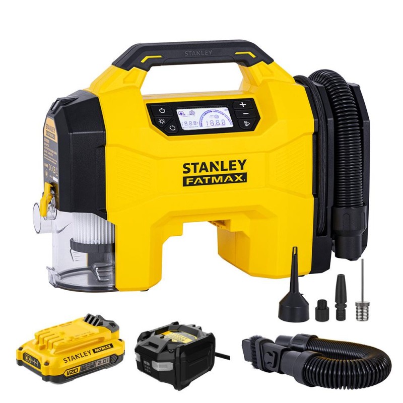 STANLEY SXVI02001A 12V/18V 2Ah Li-ion Şarjlı 160 PSI Dijital Göstergeli Lastik&Yatak Şişirme Pompası+Araç Süpürgesi STANLEY SXVI02001A 12V/18V 2Ah Li-ion Şarjlı 160 PSI Dijital Göstergeli Lastik&Yatak Şişirme Pompası+Araç Süpürgesi