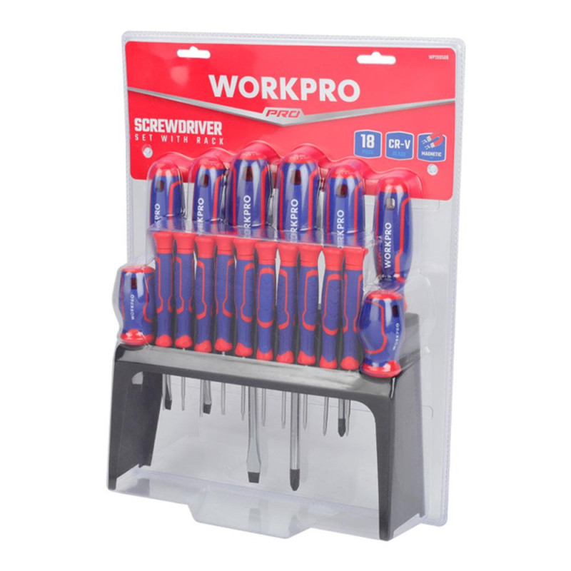 WORKPRO WP200506 18 Parça Duvar Askı Aparatlı Profesyonel CR V Manyetik Tornavida Seti