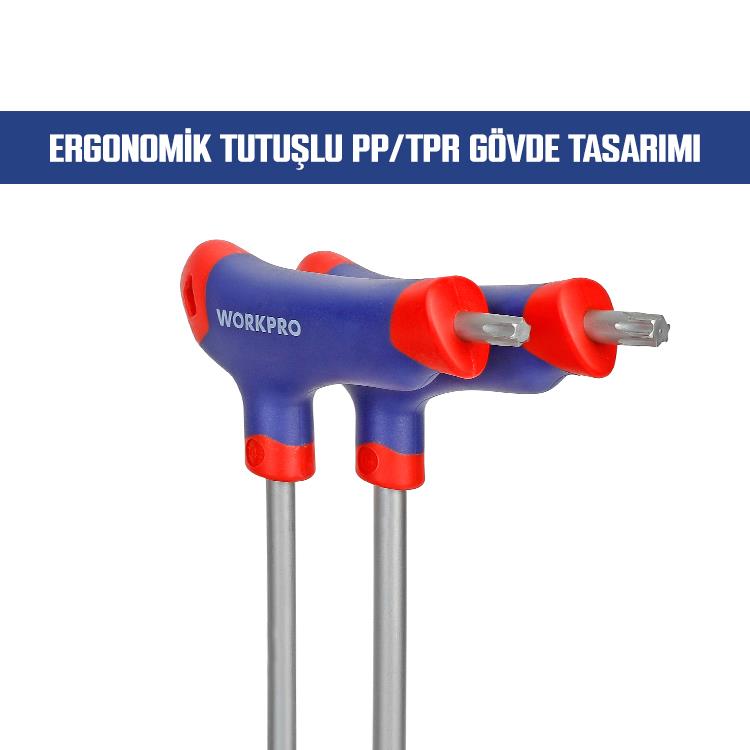 WORKPRO WP200543 8 Parça CR V T Tipi Uzun Delikli Torx Profesyonel Allen Anahtar Takımı