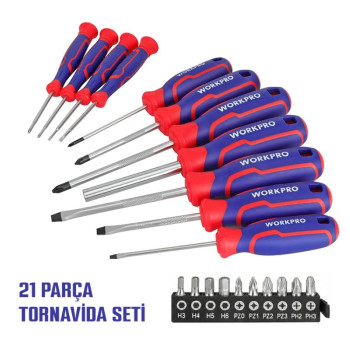 WORKPRO WP200551 21 Parça CR V Duvar Askı Aparatlı Profesyonel Manyetik Tornavida Seti