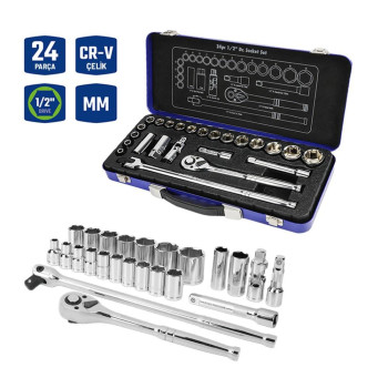 WORKPRO WP202564 1/2'’ Cr V 24 Parça Metrik Ağır Hizmet Lokma Takımı