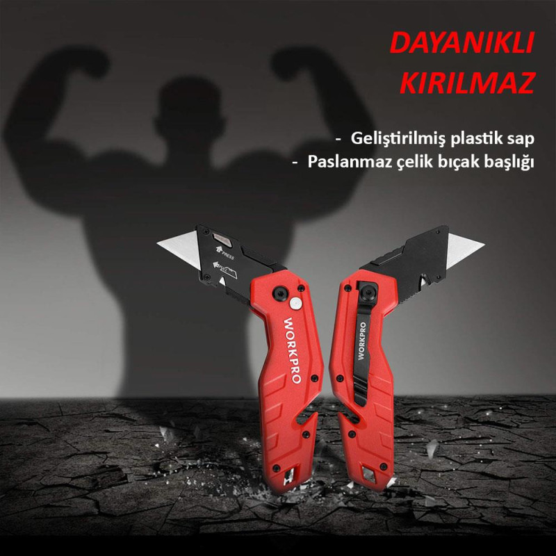WORKPRO WP211018 Profesyonel Katlanır Çok Amaçlı Rötuş Maket Bıçağı + 10 Adet Yedek Bıçak
