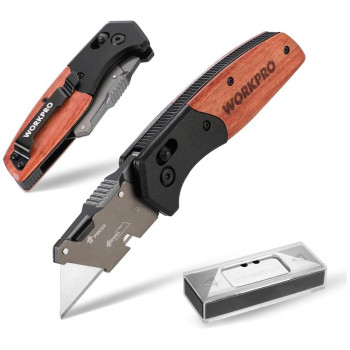 WORKPRO WP211035 Ağır Hizmet Çelik/Ahşap Gövde Katlanır Rötuş Maket Bıçağı + 11 Adet Yedek Bıçak