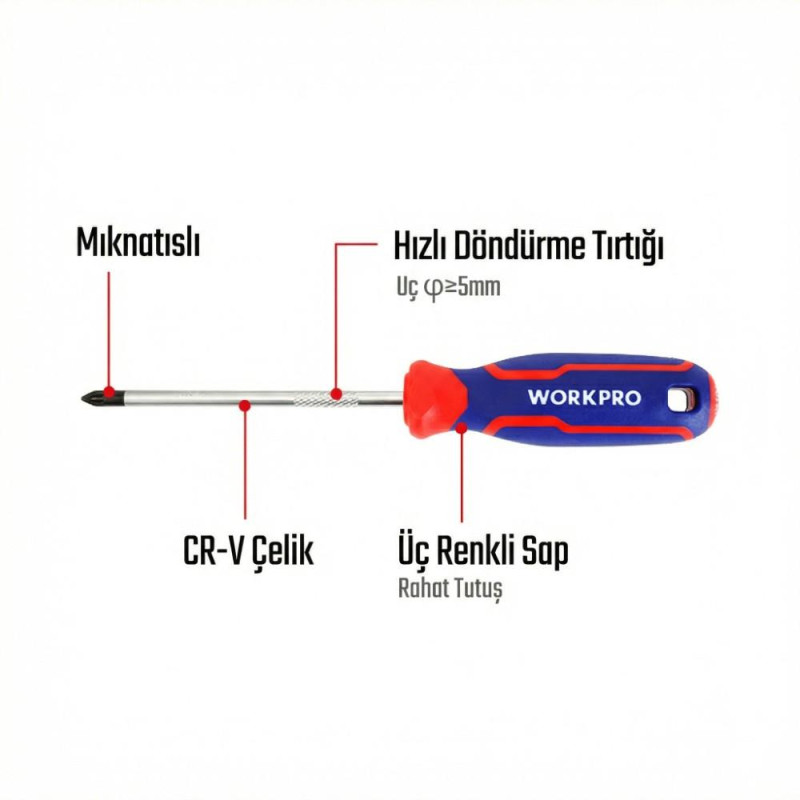 WORKPRO WP221036 PZ1x100mm CR V Manyetik Profesyonel Yıldız Tornavida