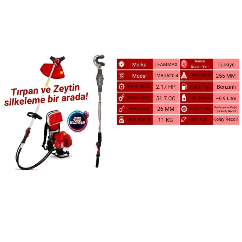 TmaxTool TMBG520 4 2.17bg 51.7cc 26mm 11kg Sırt Tipi Kancalı Dal Sarsıcı Benzinli Zeytin Hasat Makinesi